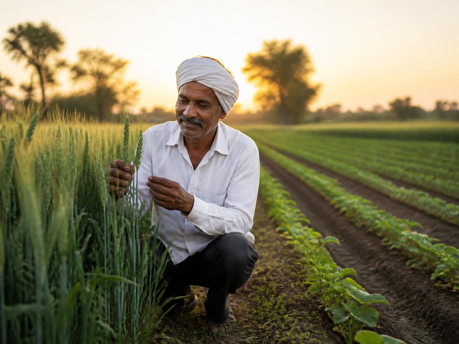 Farmer inspecting healthy crops in an Indian agricultural field at sunrise