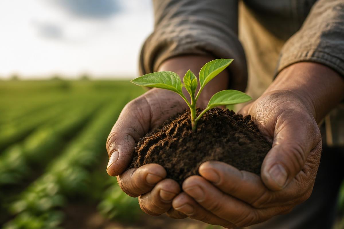Hands holding fertile agricultural soil with a young green seedling